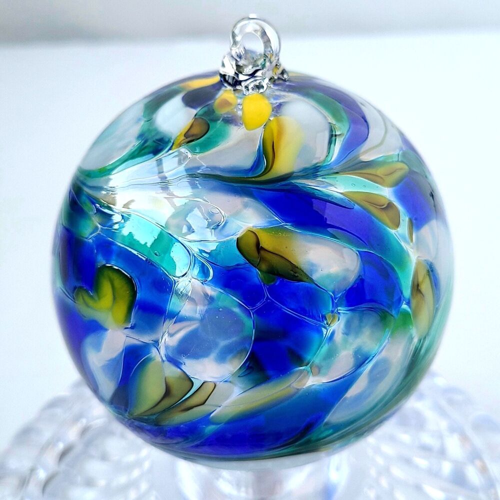 Zorza Artisan Mouth Blown Glass Christmas Ornament Large Round Blue Swirl Poland - Picture 4 of 9